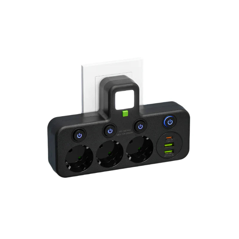 Strömskena med 3-4 uttag + 2× USB och 1× Type-C | 2500 W | Överströmsskydd och kontrollbrytare