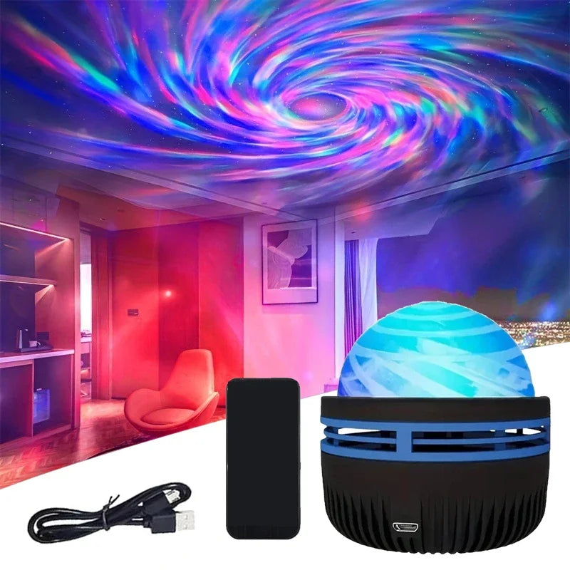 AuroraLys Proyector | Musiksynergi og Fjernbetjening | RGB Ambientelys | USB Opladning | 7,8×7,8×8,7 cm