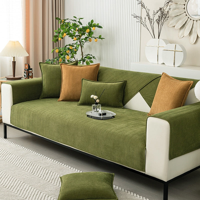 Elegant soffbeskydd i chenille med fiskbensmönster