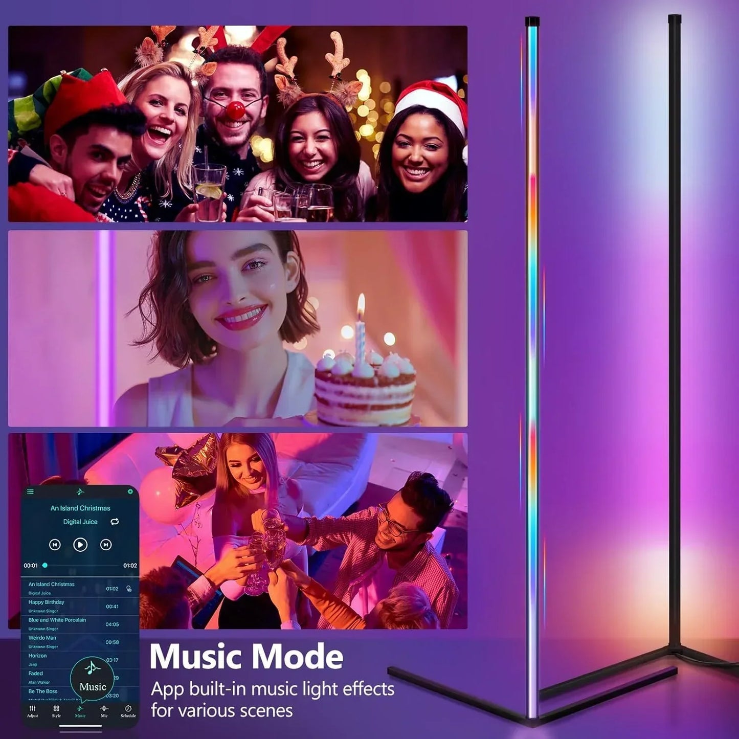 Smart RGB Gulvlampe med Musik-Synkronisering – LED Stemningslys med 16 Mio. Farver, App & Fjernbetjening
