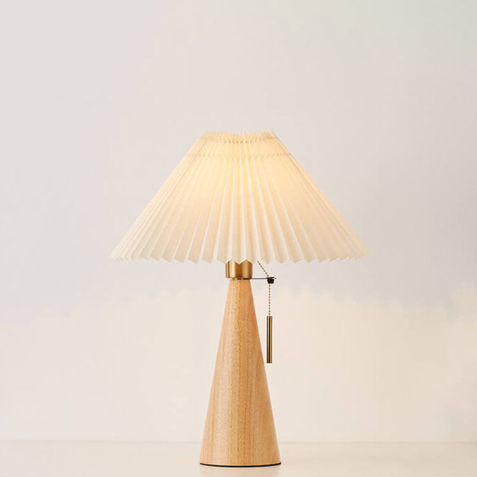 Japansk bordslampa med plisserad skärm i trä och tygdesign