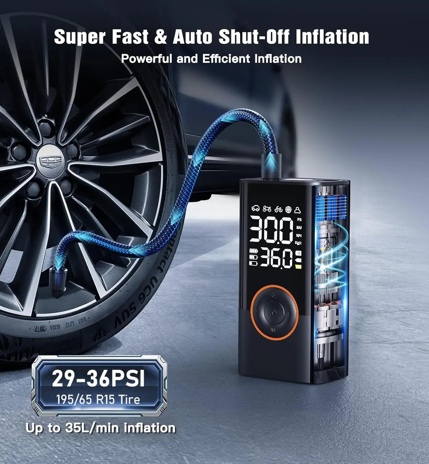Trådløs dækpumpe 150PSI, 4000mAh, LCD, USB-C