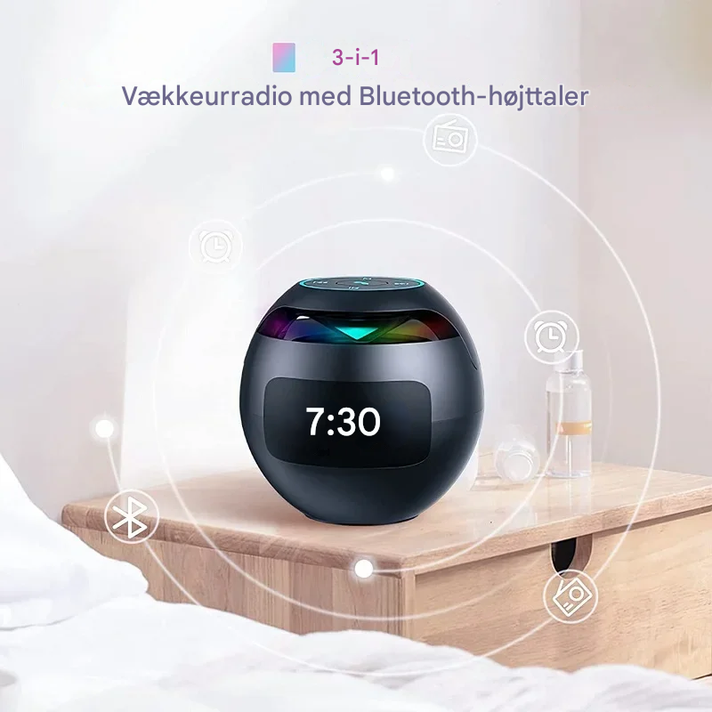 Bluetooth-vækkeur med LED-natlampe | 5W Højttaler | Bevægelsesfølsom skærm | 2200mAh batteri