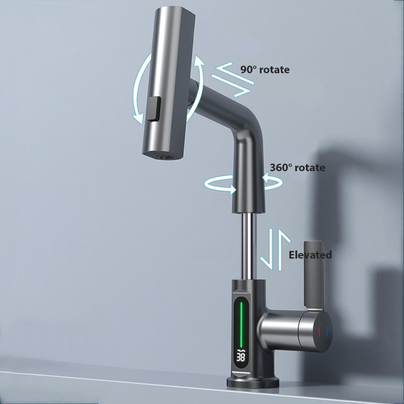Modern slimmad vattenfallsblandare med temperaturdisplay