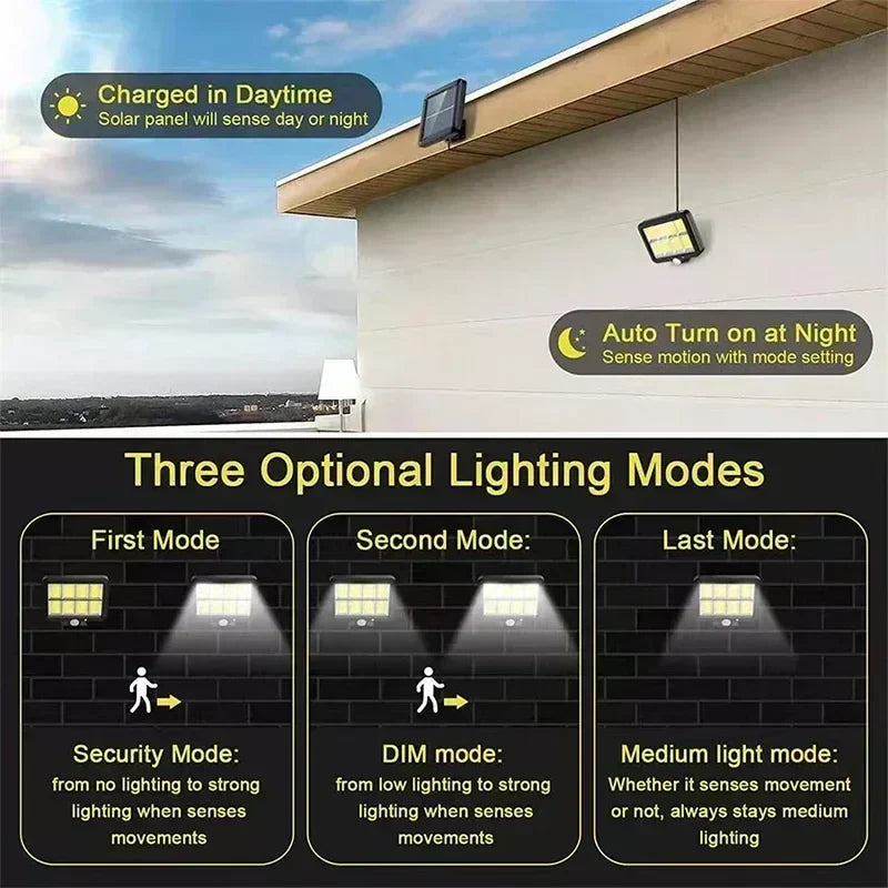 100 COB LED Solarlampe med bevægelsessensor og 3 indstillinger - IP65