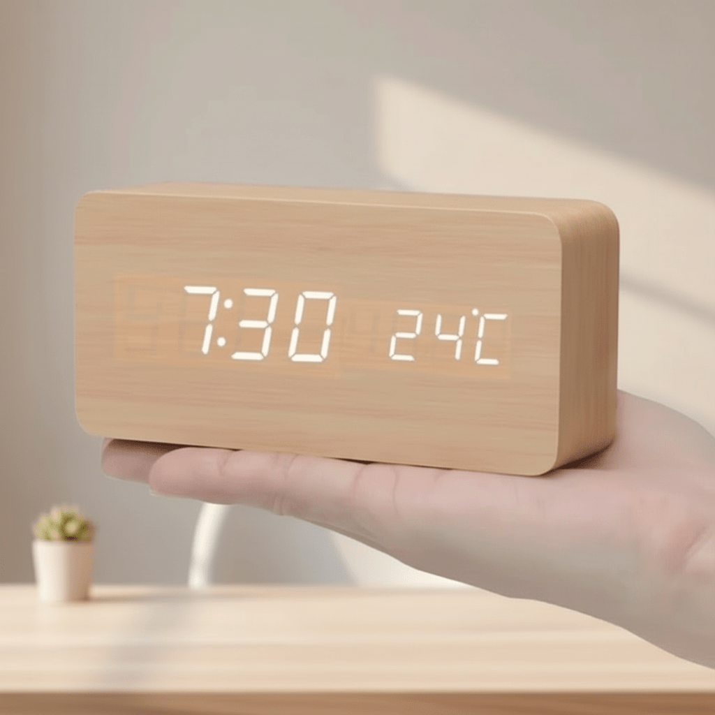 Stilrent Træ LED Ur med Stemmekontrol og Justerbar Lysstyrke