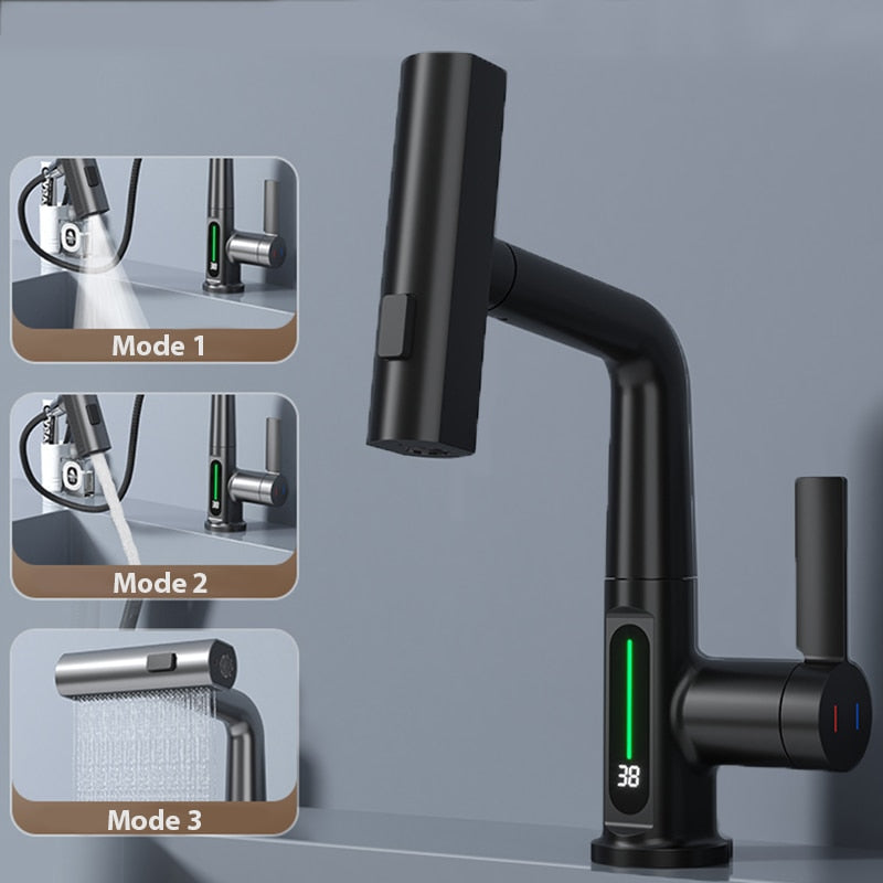 Modern slimmad vattenfallsblandare med temperaturdisplay