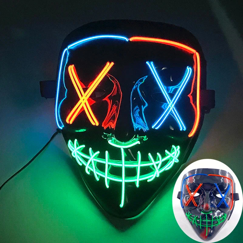 Neon LED Ansiktsmask, handmålad, full täckning med blinkande lägen, PVC + EL