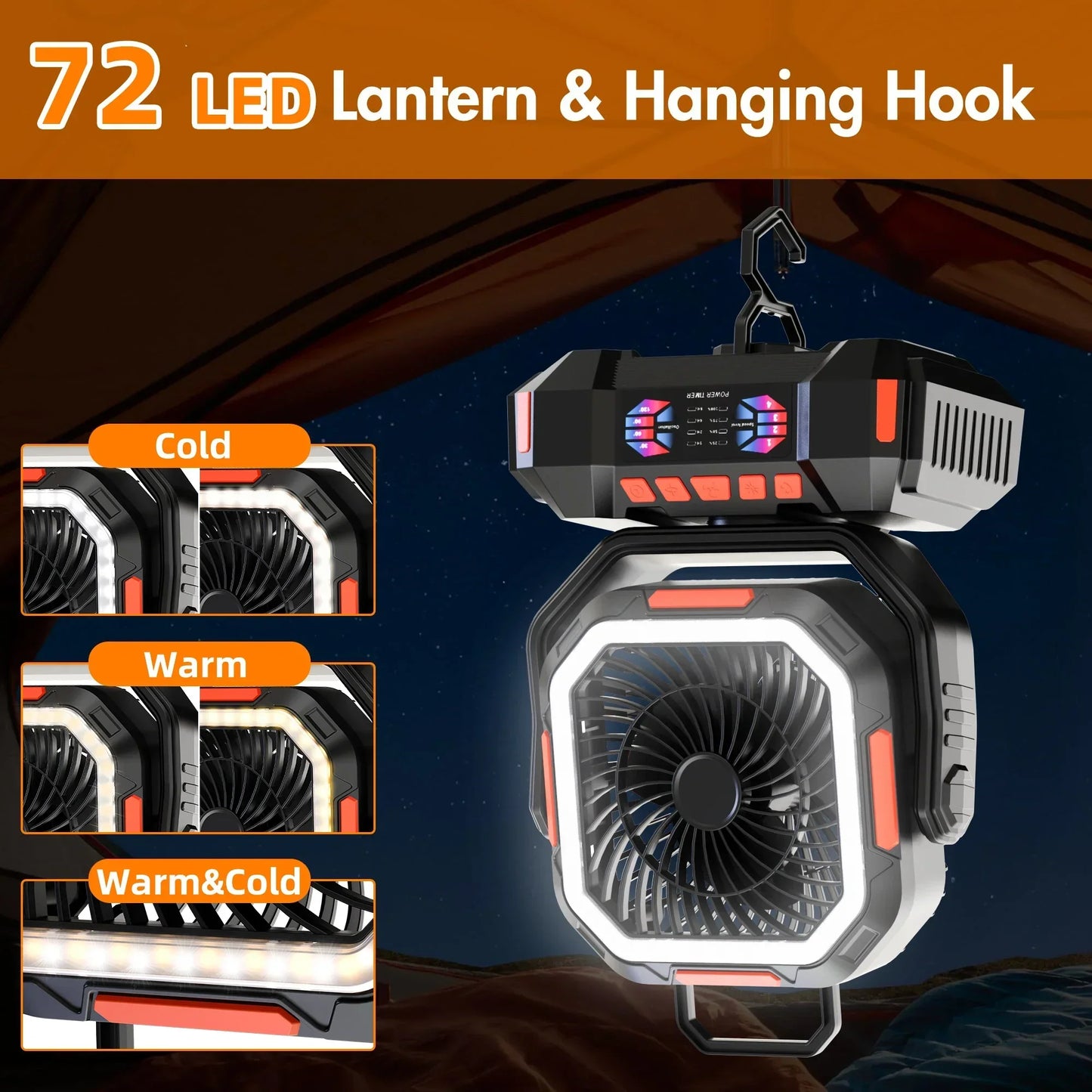 Genopladelig campingvifte med 40000mAh batteri og LED-lampe – F22