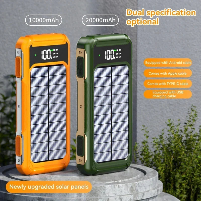 Solcelledrevet Powerbank | Genopladelig udendørs powerbank med solpanel, indbyggede ladekabler og LED-display