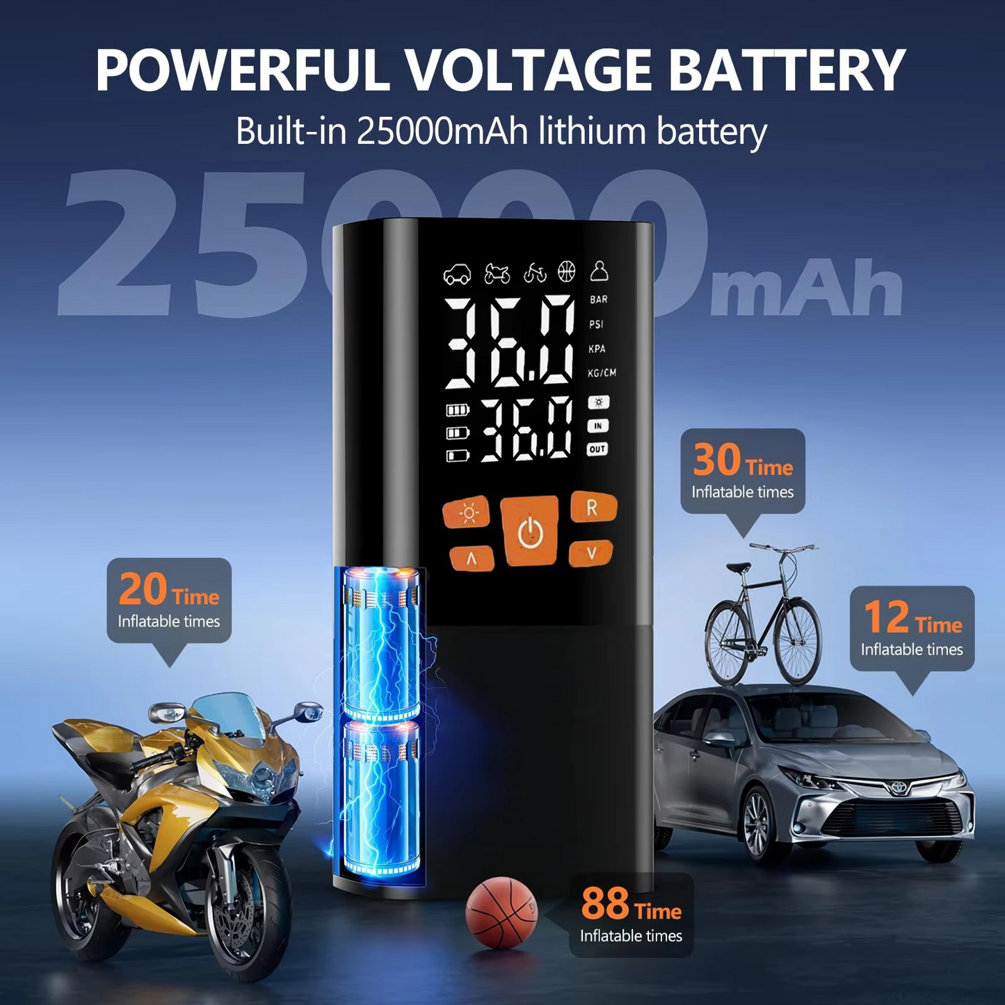 Bärbar Luftkompressor för Däckpumpning, 180 PSI, Uppladdningsbar med 25000mAh Batteri