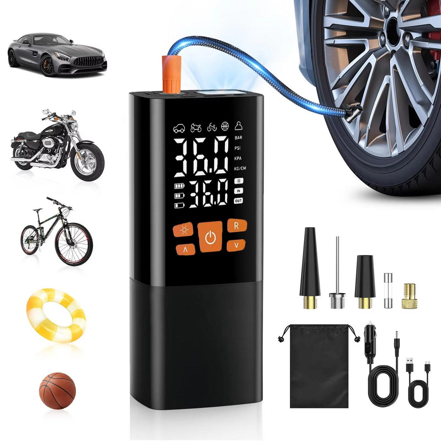 Bärbar Luftkompressor för Däckpumpning, 180 PSI, Uppladdningsbar med 25000mAh Batteri