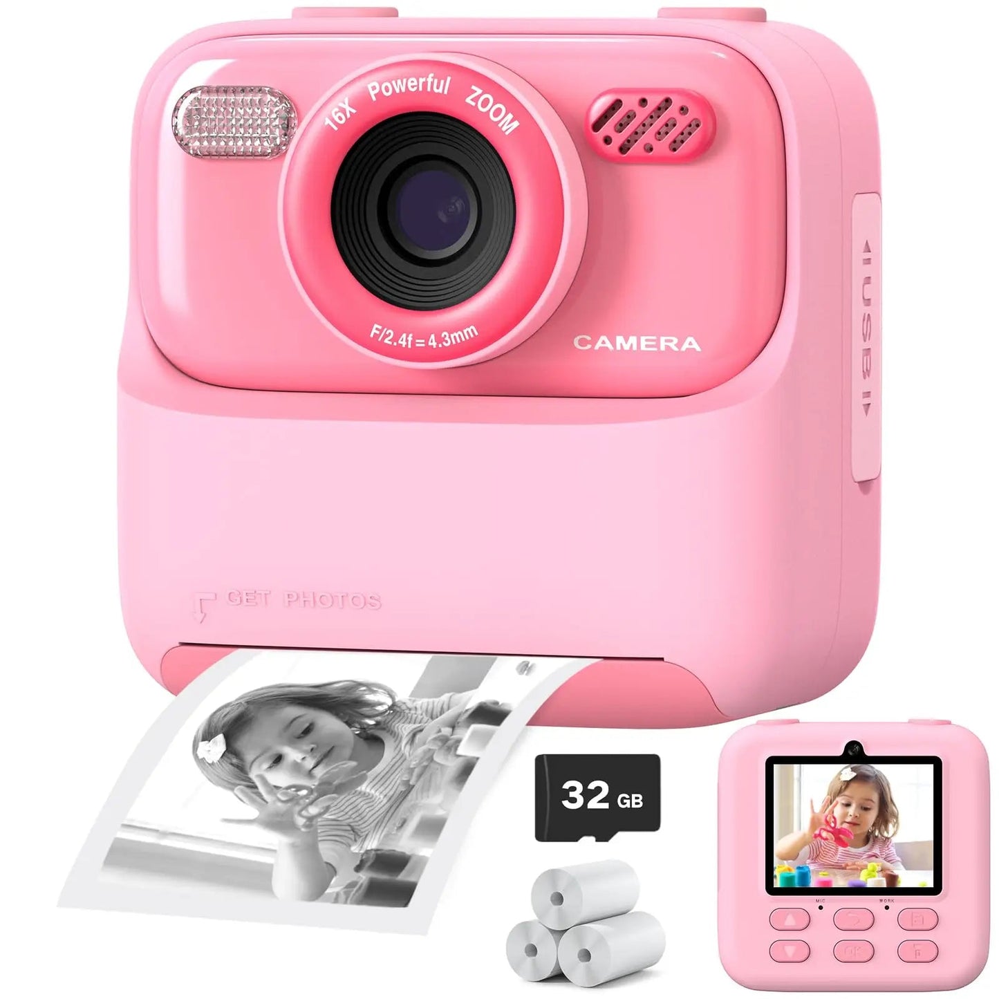 Farverig Sofortkamera til Børn med HD Selfie og 32GB Hukommelse