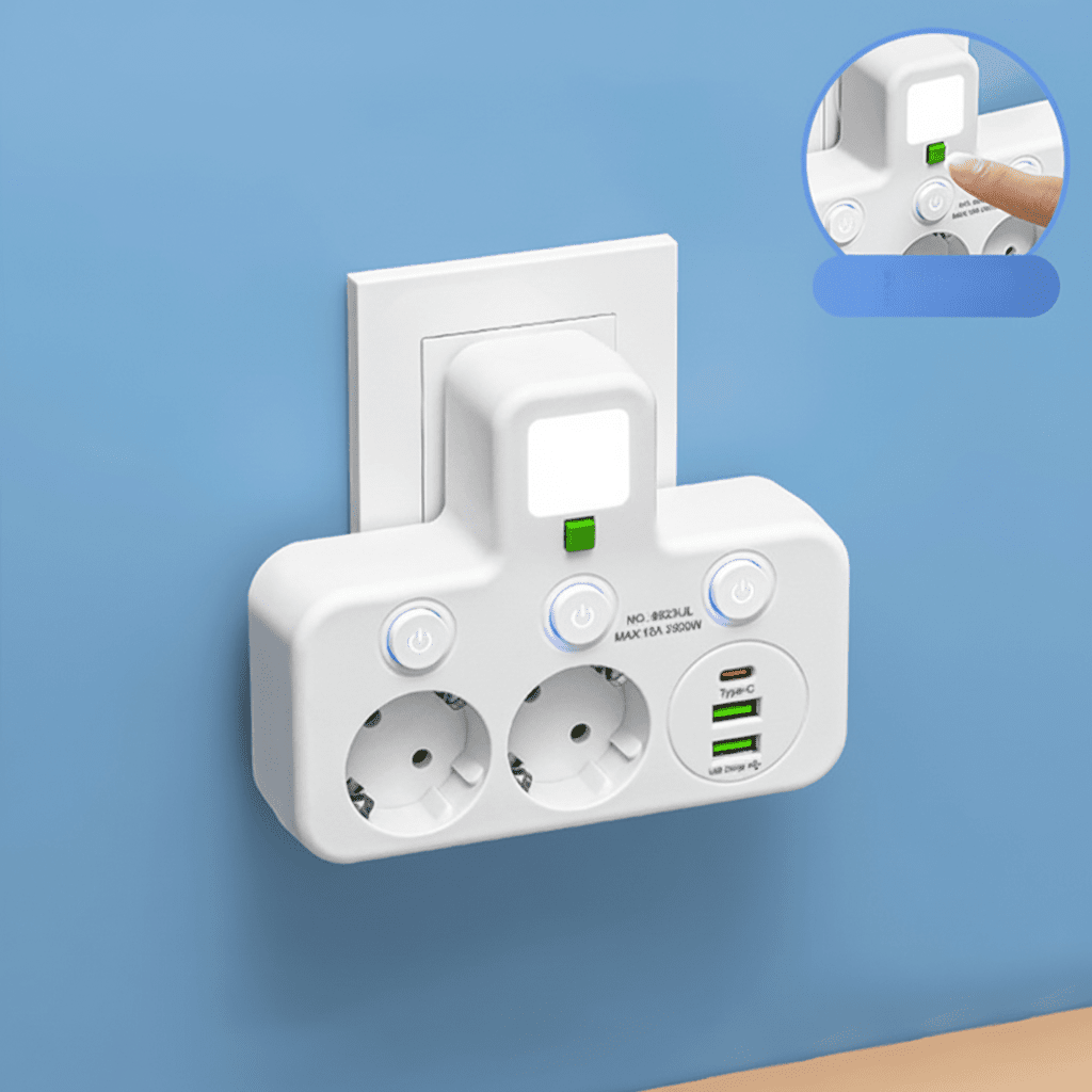 Praktisk Strømfordeler med USB & Natlys - Optimal Opladning