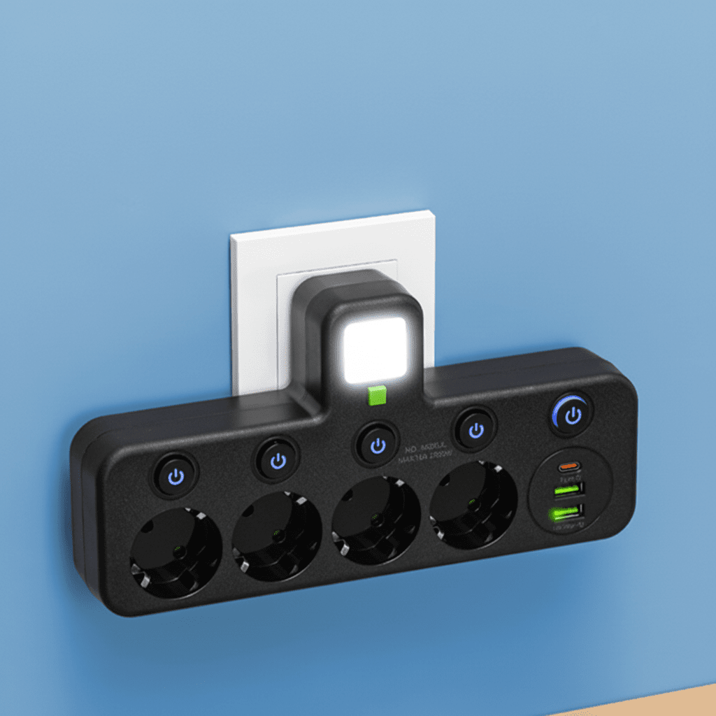 Praktisk Strømfordeler med USB & Natlys - Optimal Opladning