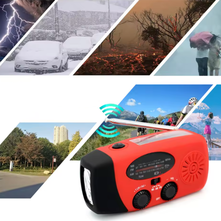 Kompakt solcellsradio med vev och USB för nödsituationer