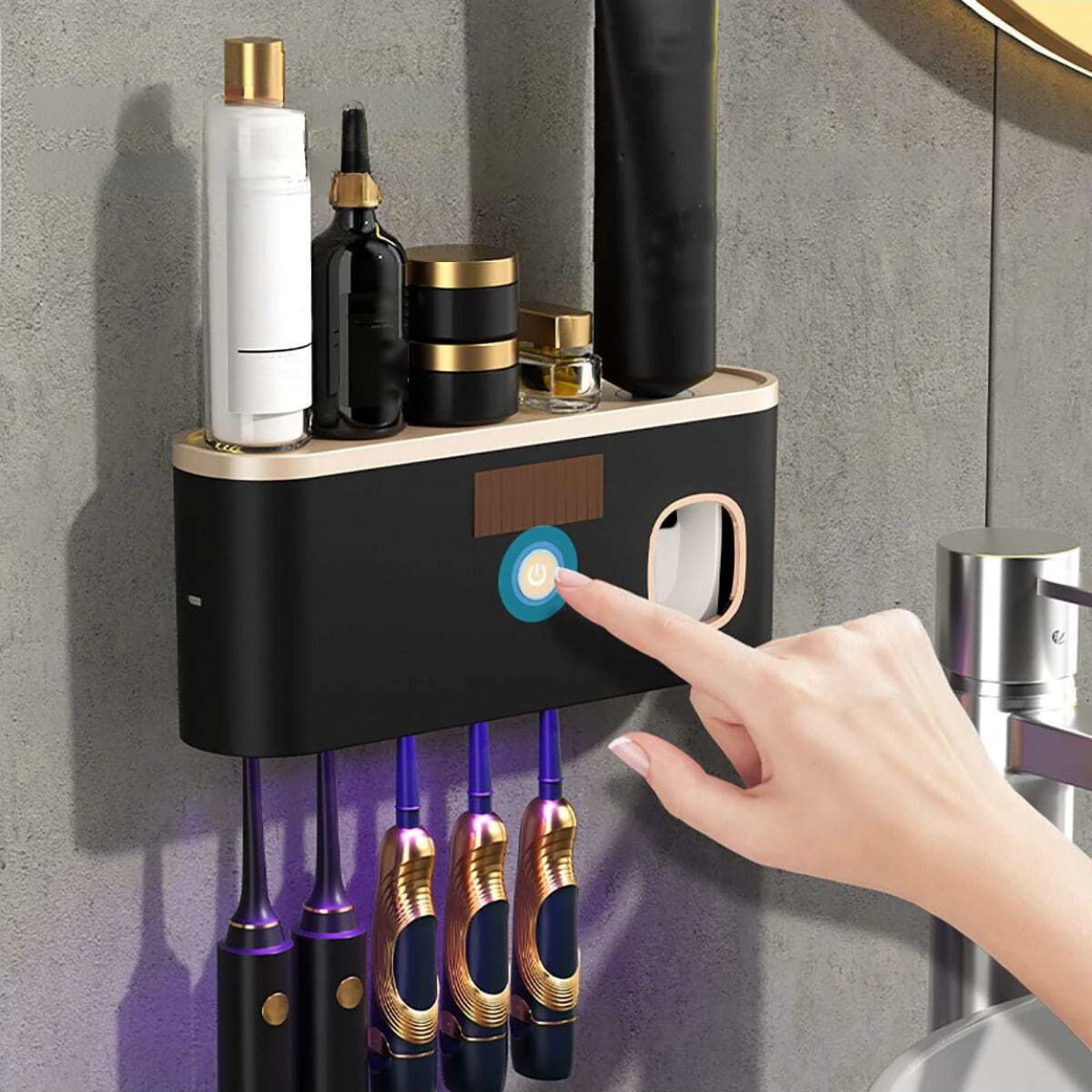 Väggmonterad UV-sterilisator för Tandborstar med Tandkrämsdispenser