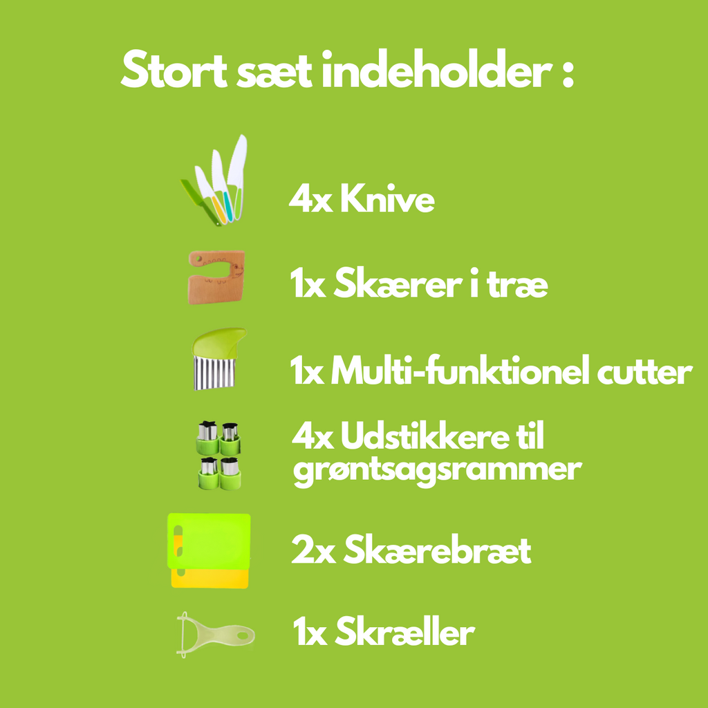 Sikkert køkken sæt til børn med legetøjsknive og skærebræt