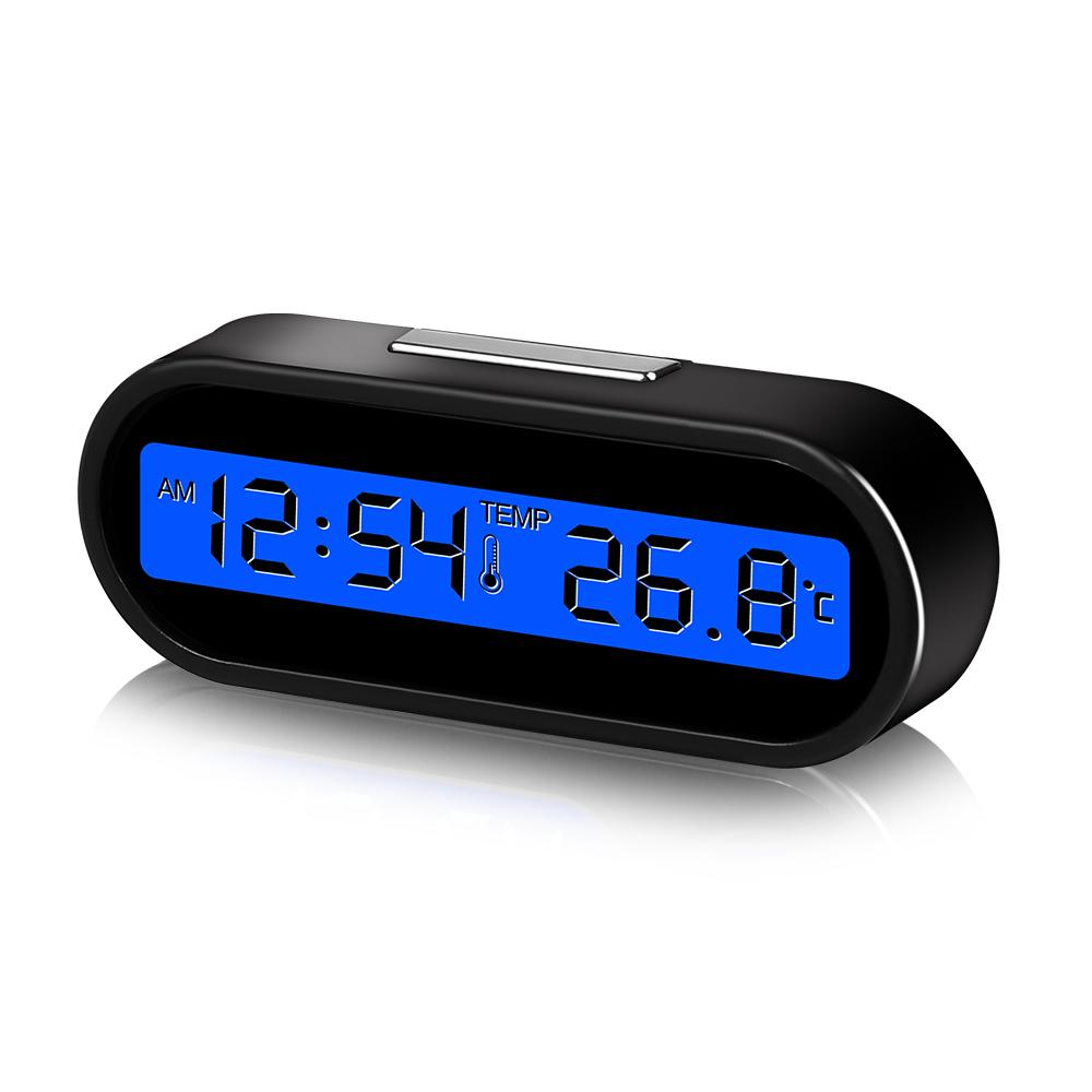 Kompakt bilklocka med LCD-display och temperaturmätare