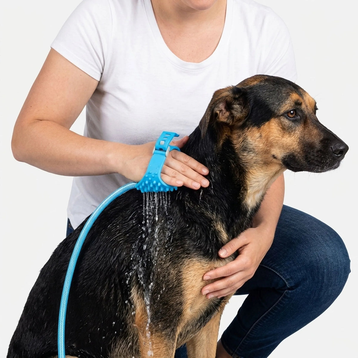 Hundeduschhandske med børste og vandslange i ét