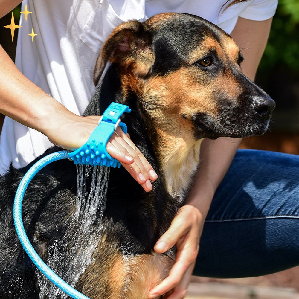 Hundeduschhandske med børste og vandslange i ét