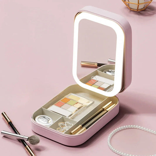 Justerbart Makeup Spejl med LED Lys i Kompakt PU Læder Etui