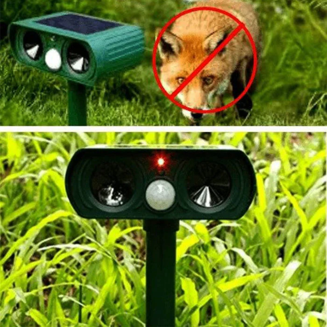Soldriven djurskrämma med ultraljud och rörelsesensor