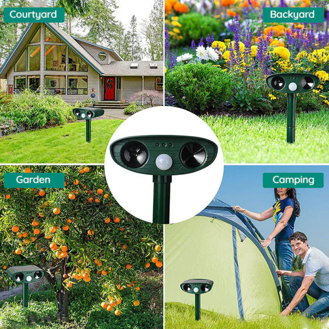 Soldriven djurskrämma med ultraljud och rörelsesensor
