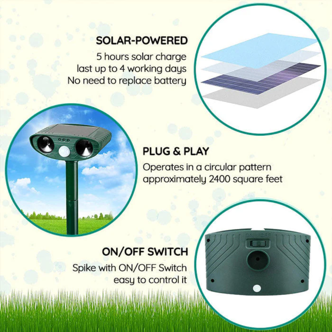 Soldriven djurskrämma med ultraljud och rörelsesensor