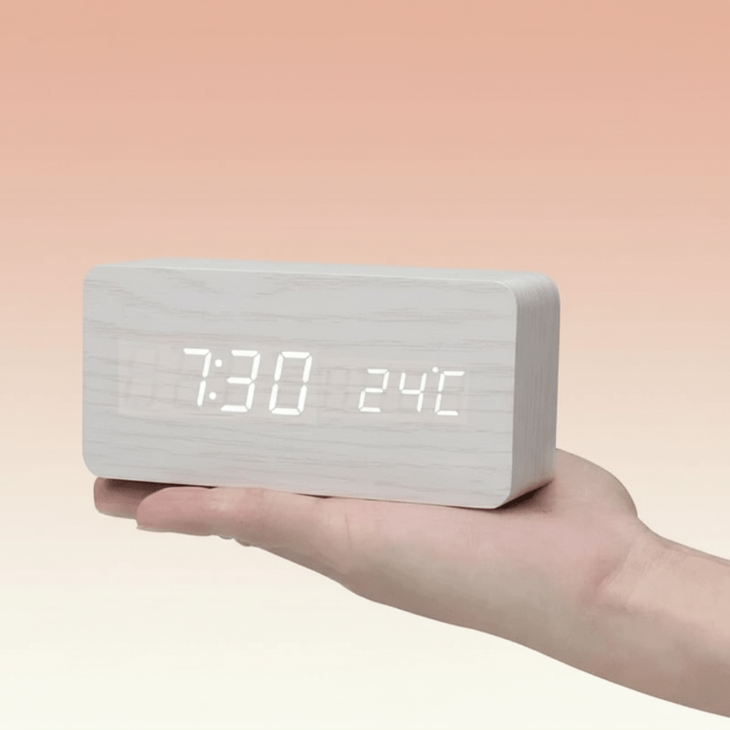 Stilrent Træ LED Ur med Stemmekontrol og Justerbar Lysstyrke