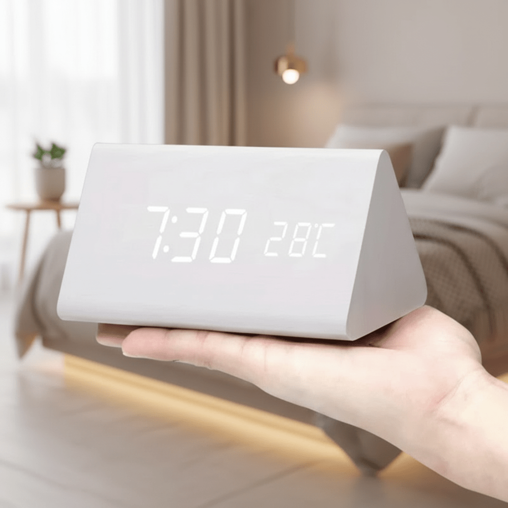 Stilrent Træ LED Ur med Stemmekontrol og Justerbar Lysstyrke