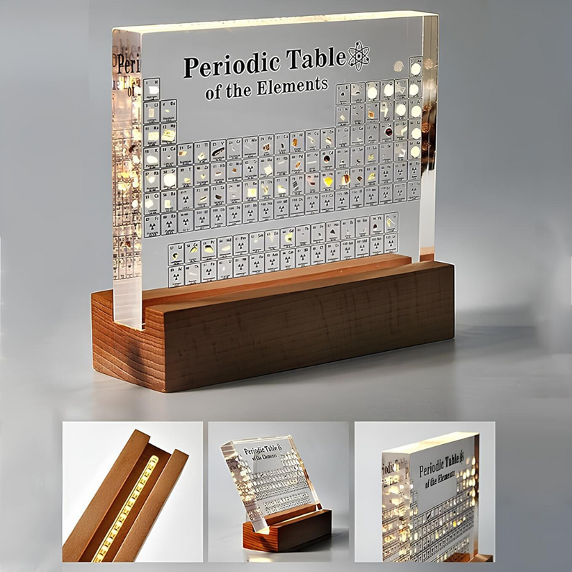 Elegant 3D Akryl Udstilling med Ægte Elementer - Periodisk Tabel