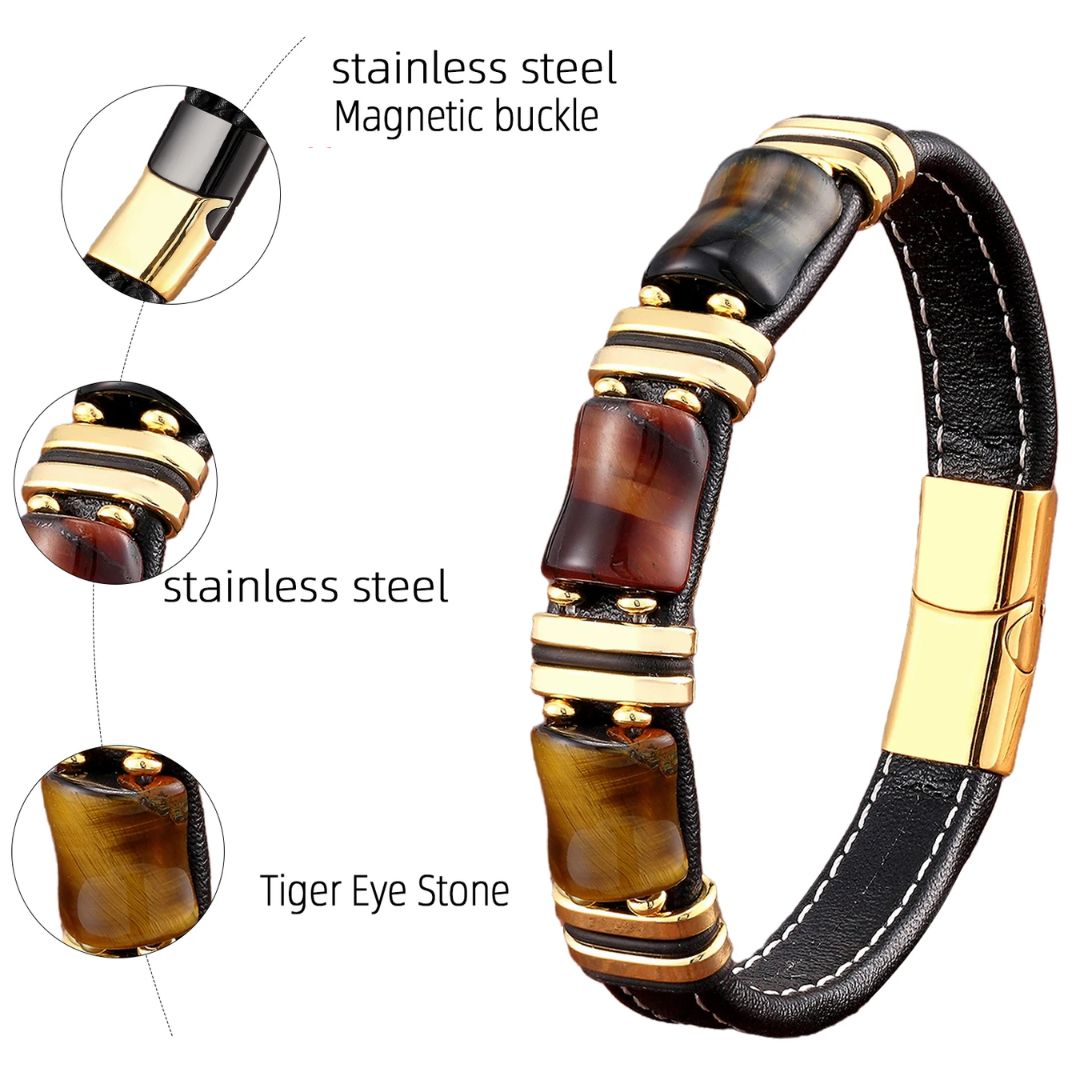 Elegant Tigeröga Armband i Läder för Män - Justerbar Komfort