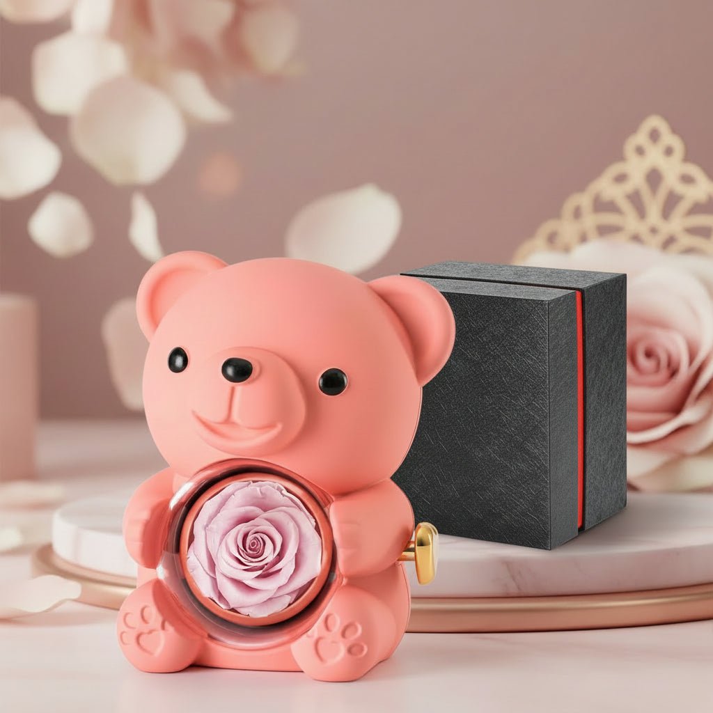 Romantisk Bamse med Evighedsrose og Hjertehalskæde Gave