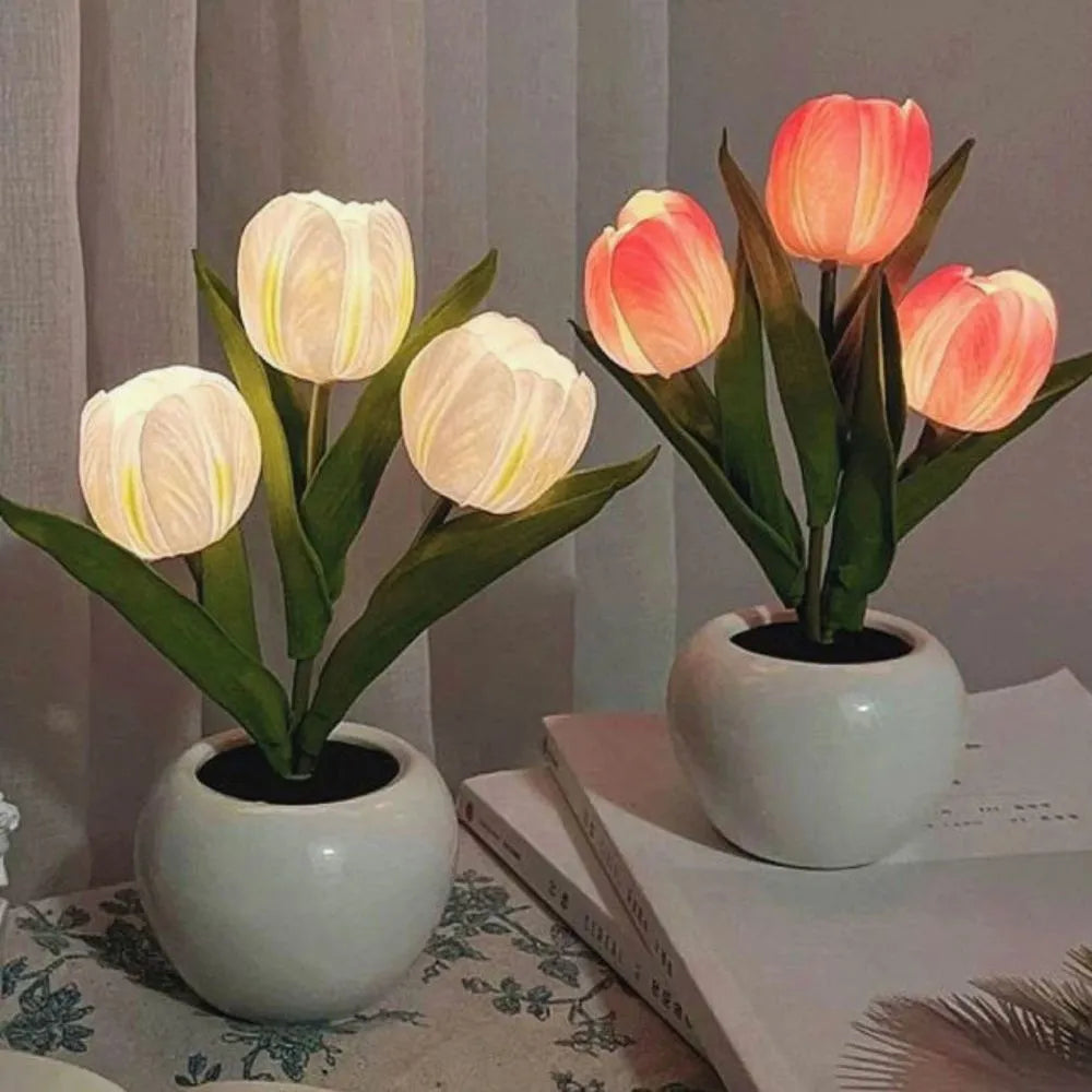Dekorativ LED Tulipanlampe i Keramikpotte – Naturlig Hygge