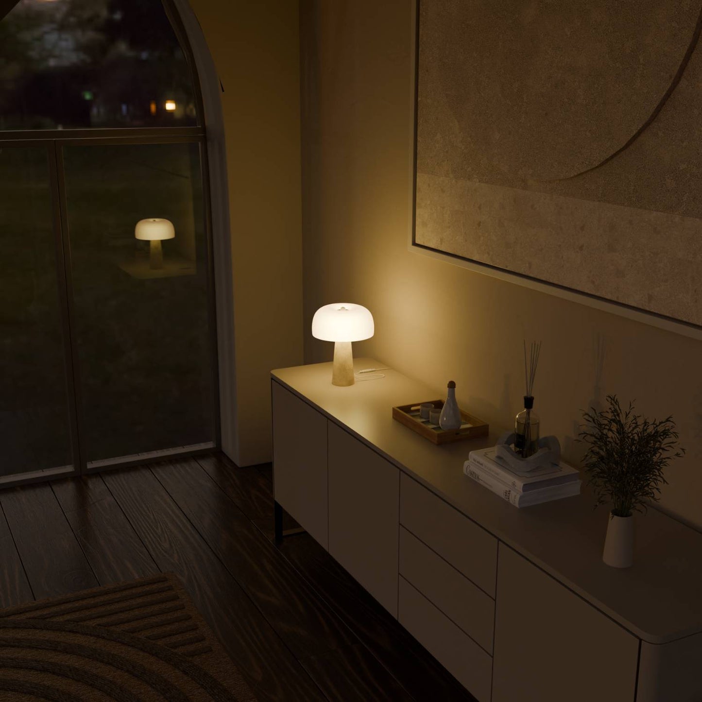 Elegant Natlampe i Travertin og Opalglas til Moderne Hjem