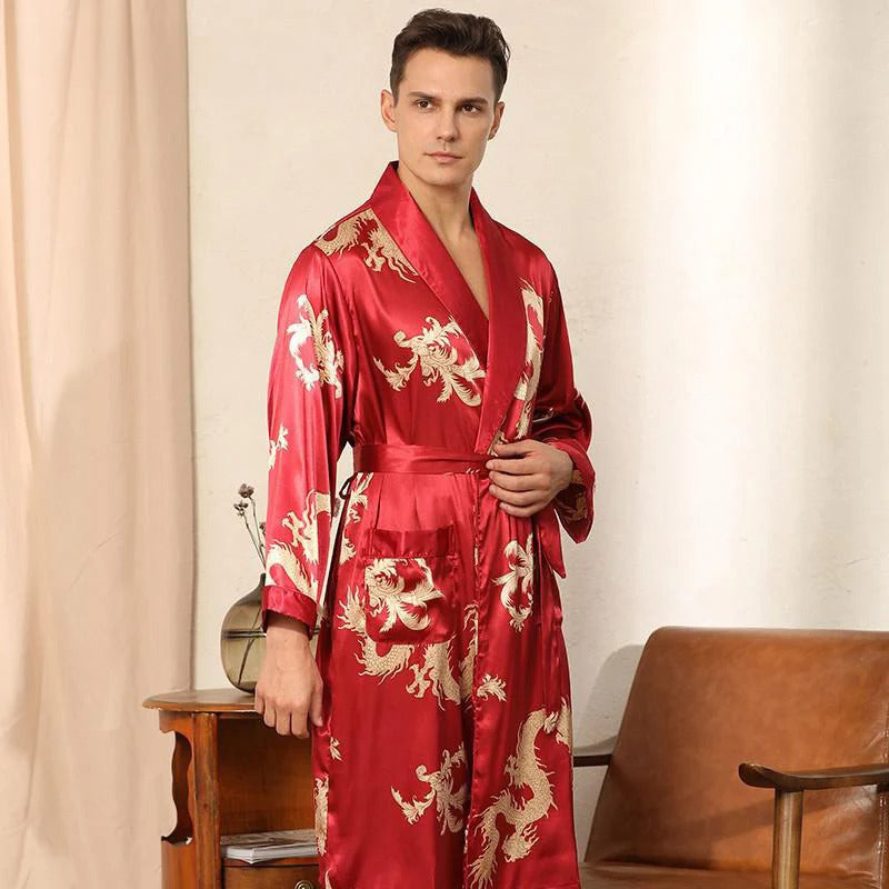 Elegant Silkekimono Sæt med Drageprint – Luksus Komfort