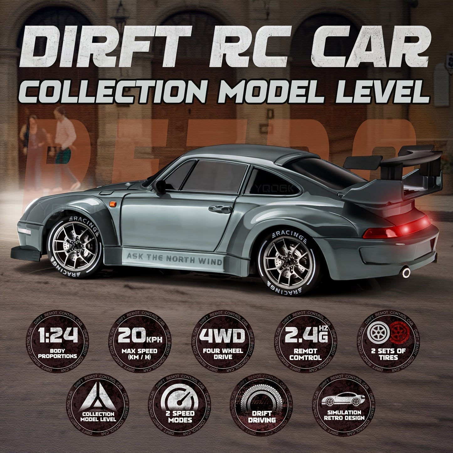 Fartfylld 1:24 RC Driftbil med LED-ljus – Uppladdningsbar 4WD Racer
