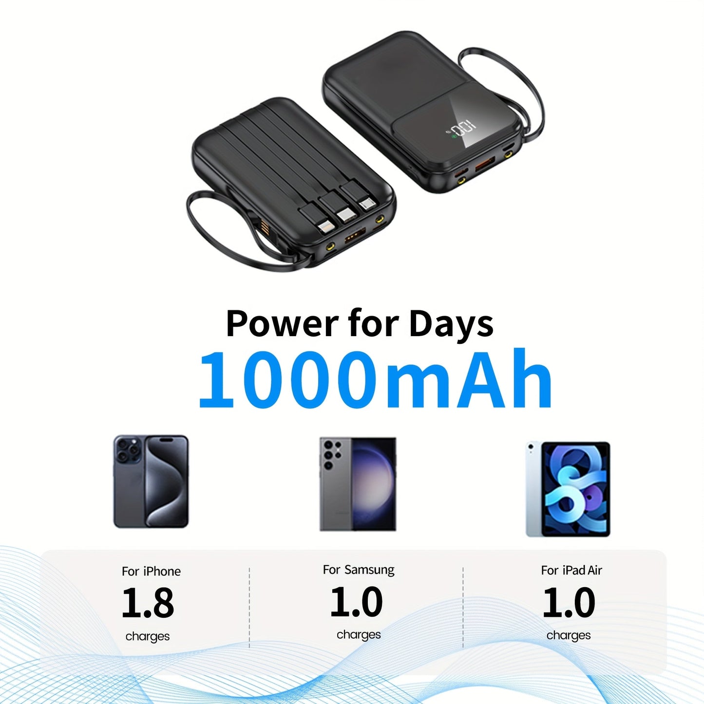 Bärbar Powerbank 10000mAh - Snabbladdning med Integrerade Kablar