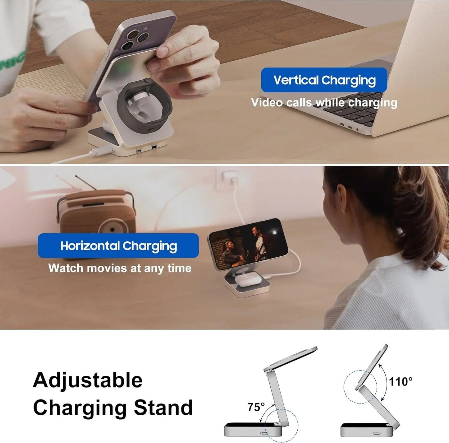 3-i-1 Hurtig Magnetisk Trådløs Oplader til iPhone, AirPods & Apple Watch