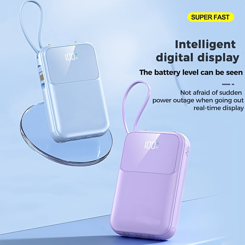 Bärbar Powerbank 10000mAh - Snabbladdning med Integrerade Kablar