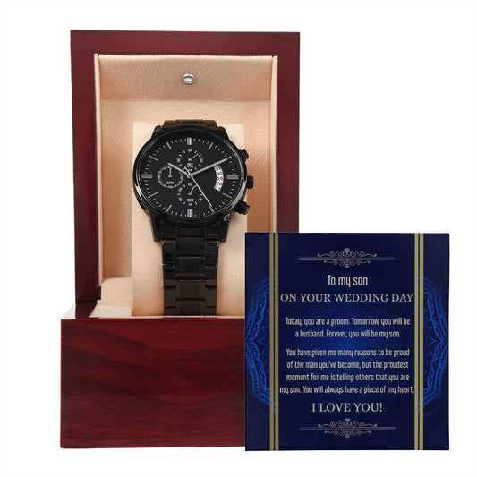 Metallisk Chronografur med 'Be My Son' – Gave til Søn ved Bryllup