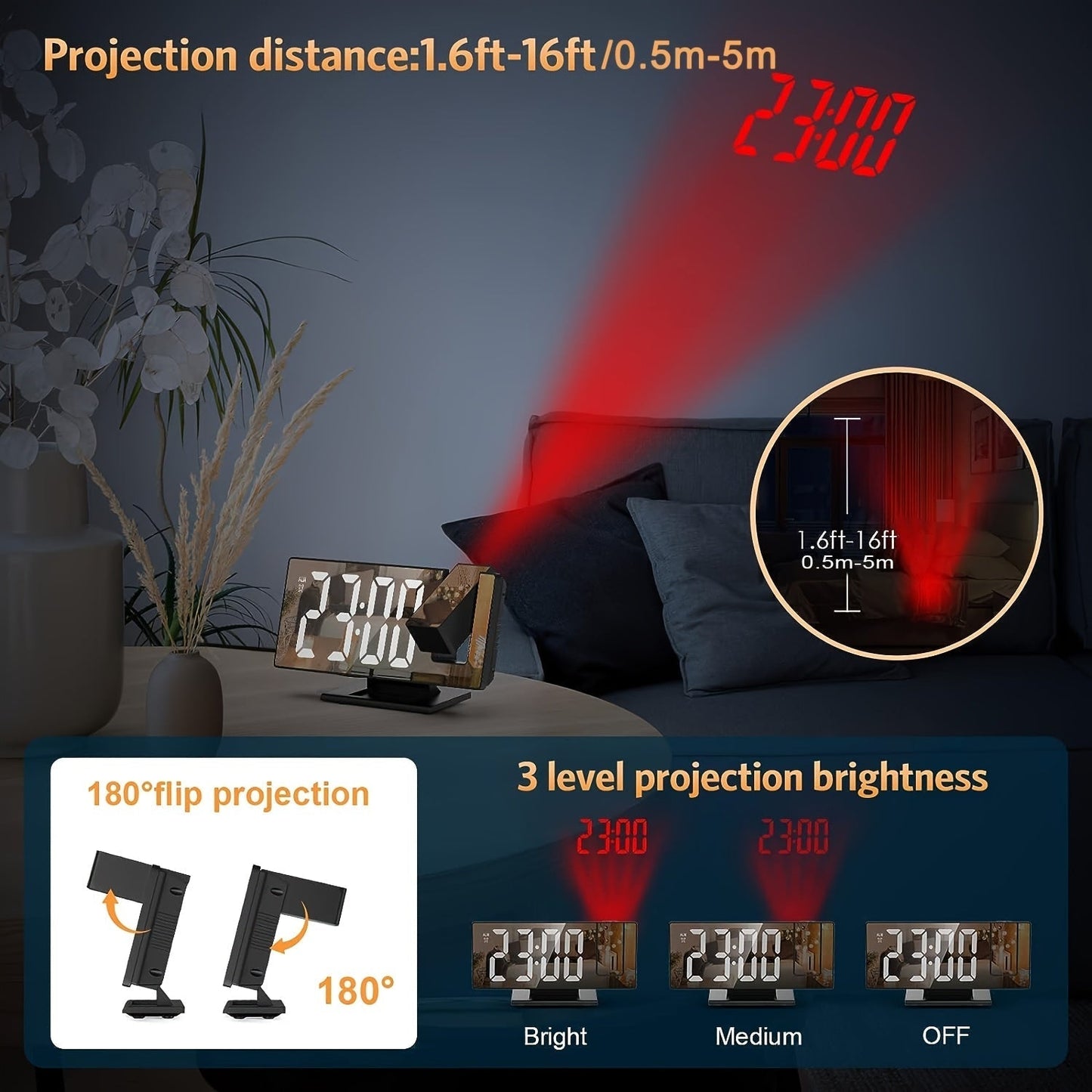 Vækkeur med justerbar 180° LED-projektion – Klar skærm og snooze-funktion til soveværelse eller kontor