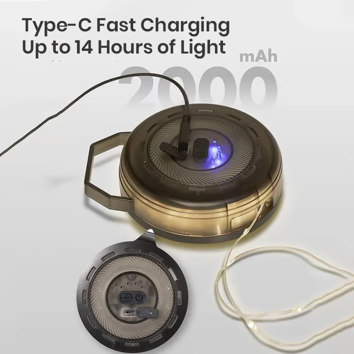 Campinglampe med USB-C genopladelig funktion | 14 timers lys og 3 indstillinger, IPX4, med indtrækkeligt kabel