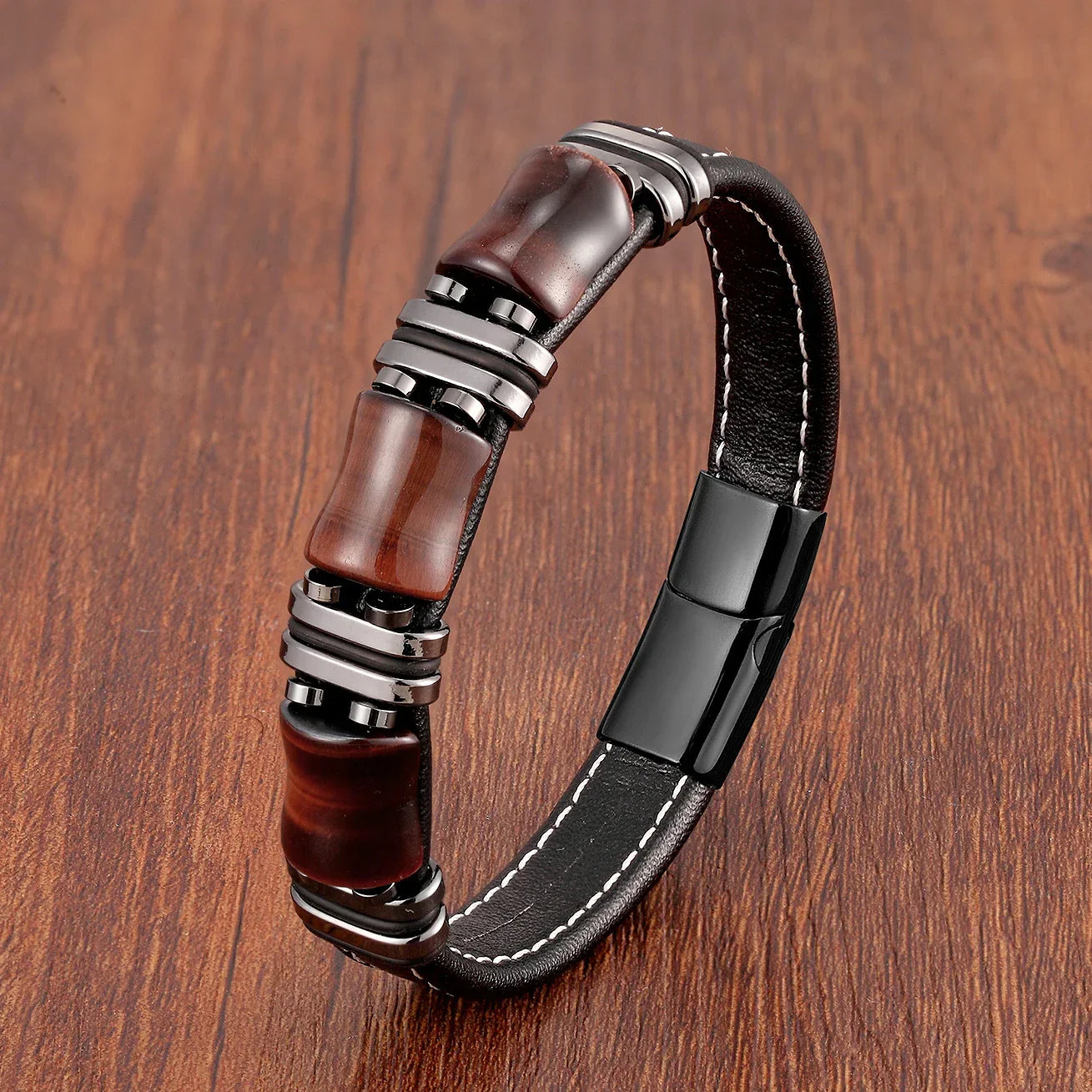 Elegant Tigeröga Armband i Läder för Män - Justerbar Komfort