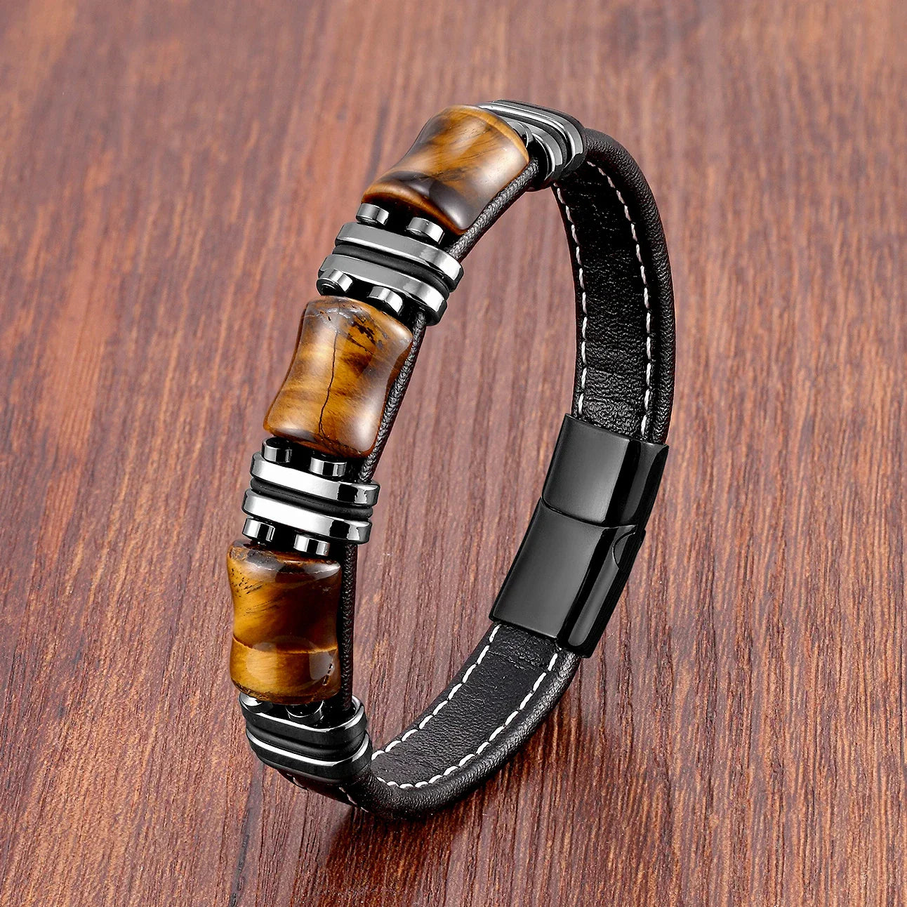 Elegant Tigeröga Armband i Läder för Män - Justerbar Komfort