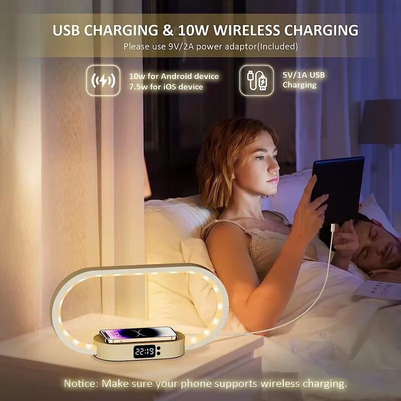 Trådlös Laddstation med Klocka och Dimbar Nattlampa – 10W Snabbladdning