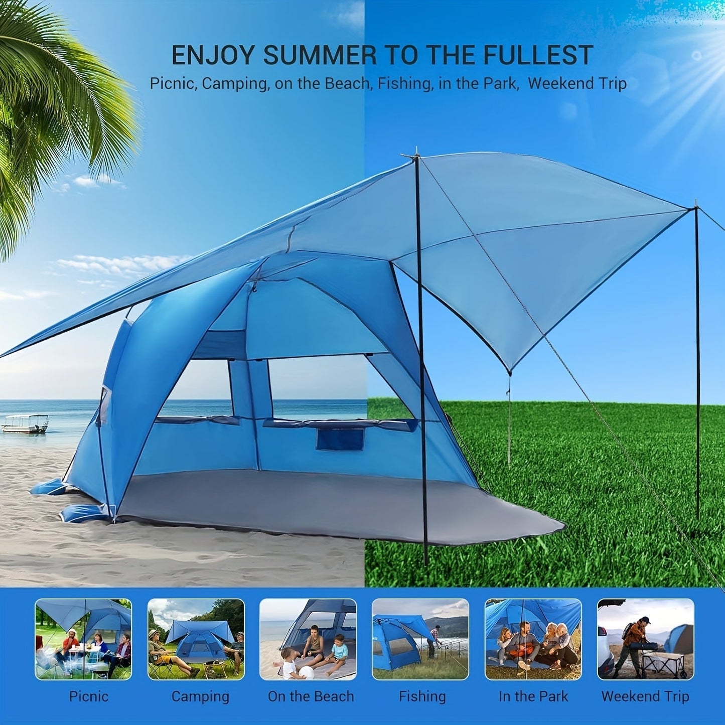 Smart Strandtält SkyShade – Lätt och Rymligt för 4-6 Personer
