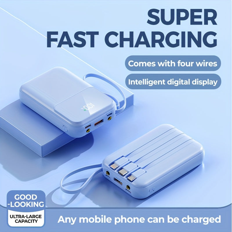 Bärbar Powerbank 10000mAh - Snabbladdning med Integrerade Kablar