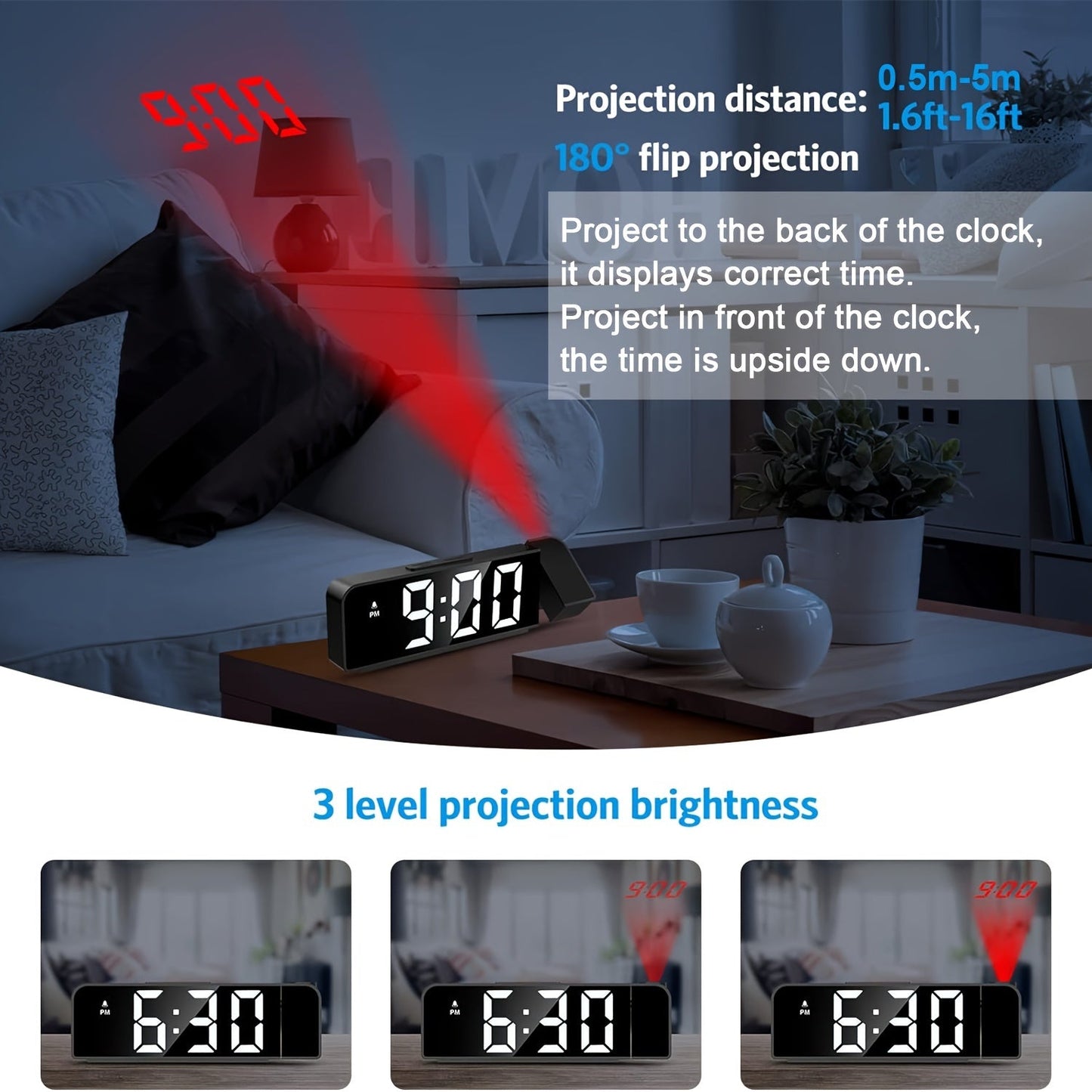 LED-väckarklocka med projektor – Visar temperatur och datum, USB-strömförsörjning